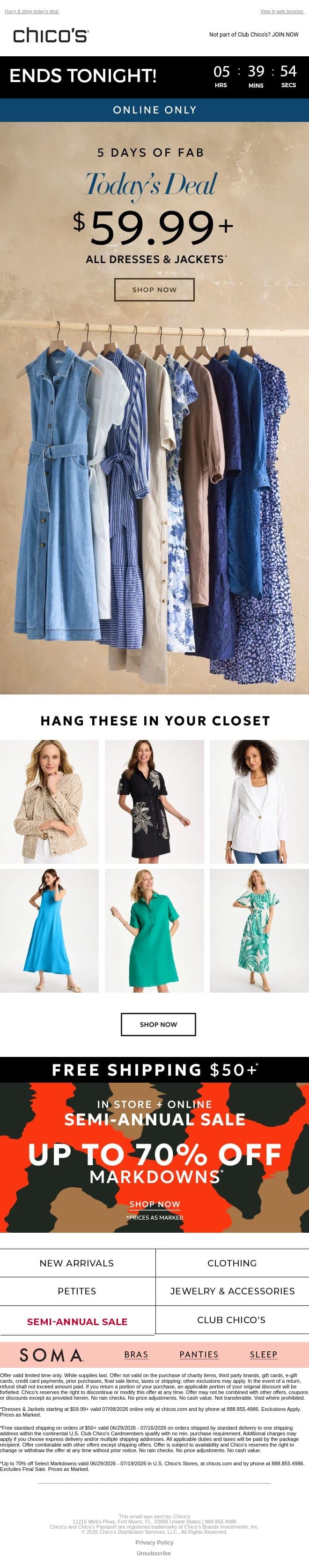 FINAL HOURS! $59.99+ dresses & jackets email from Chico's screenshot