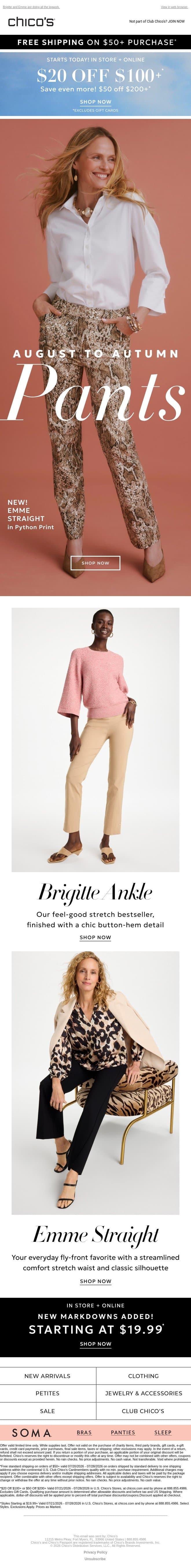 The ultimate late-summer pant reset + $20 off $100 (Excl. apply) email from Chico's screenshot
