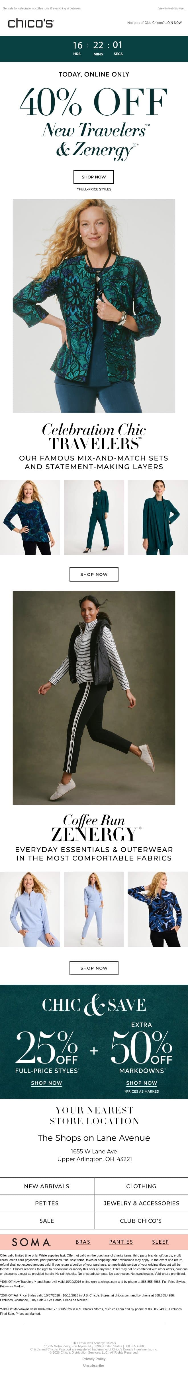 TODAY ONLY! 40% off NEW Travelers™ & Zenergy® email from Chico's screenshot