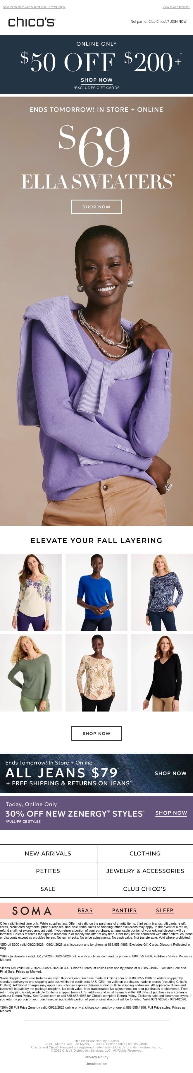 Ends Tomorrow! $69 Ella Sweaters + $79 Jeans email from Chico's screenshot