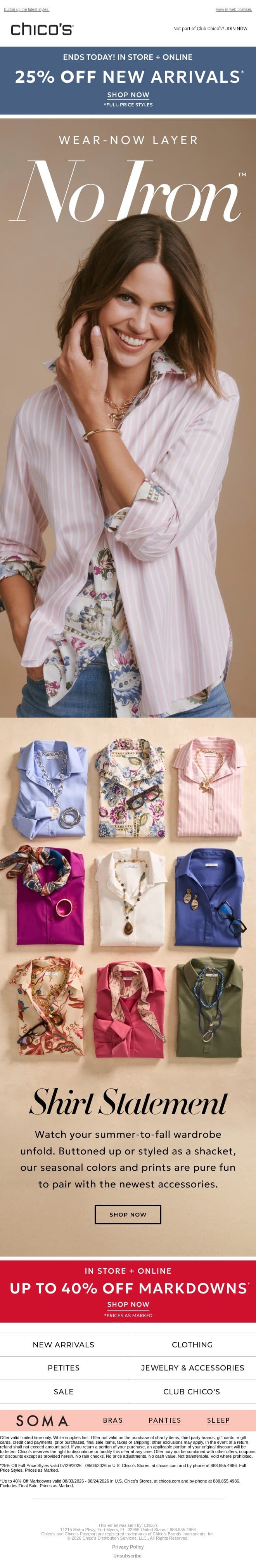New No Iron™ to wear *right* now + 25% off ends today email from Chico's screenshot