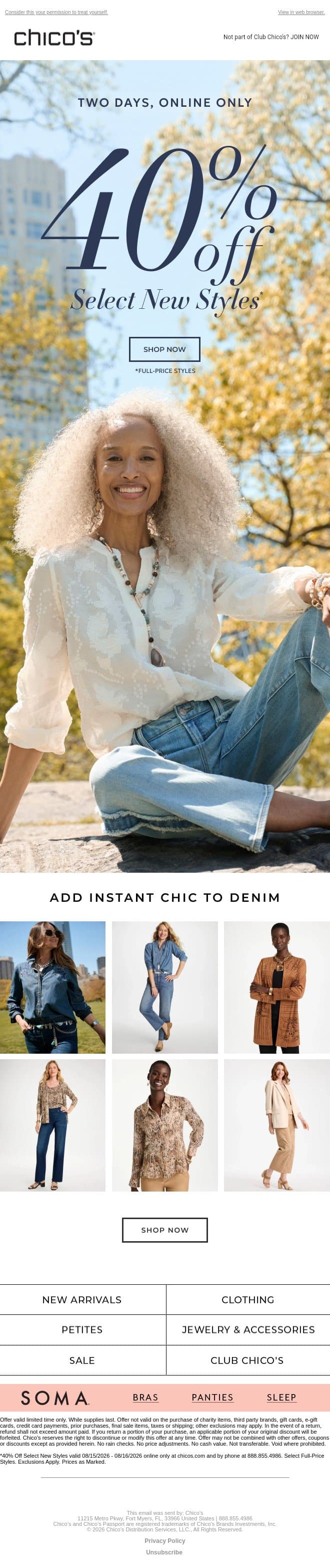TWO DAYS ONLY: 40% off our favorite new styles email from Chico's screenshot