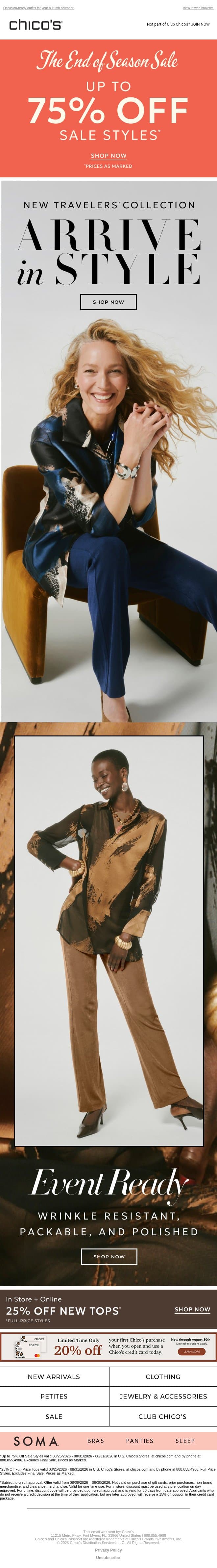 Your New Go-Everywhere Wardrobe 🌍 + Up to 75% off sale styles email from Chico's screenshot