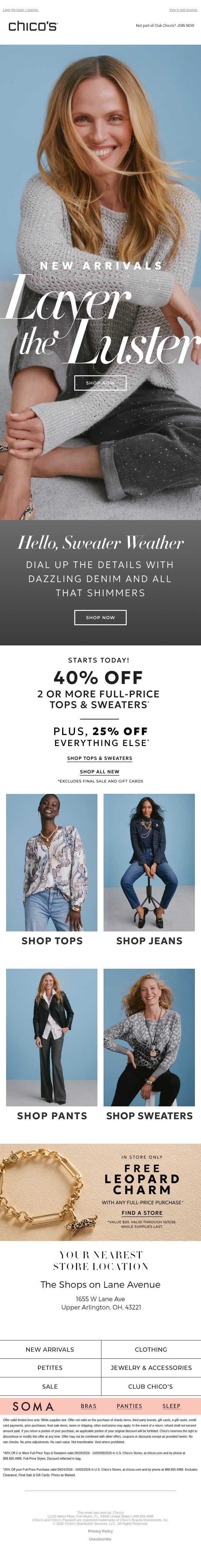 New arrivals: 40% off 2+ tops & sweaters + 25% off the rest email from Chico's screenshot