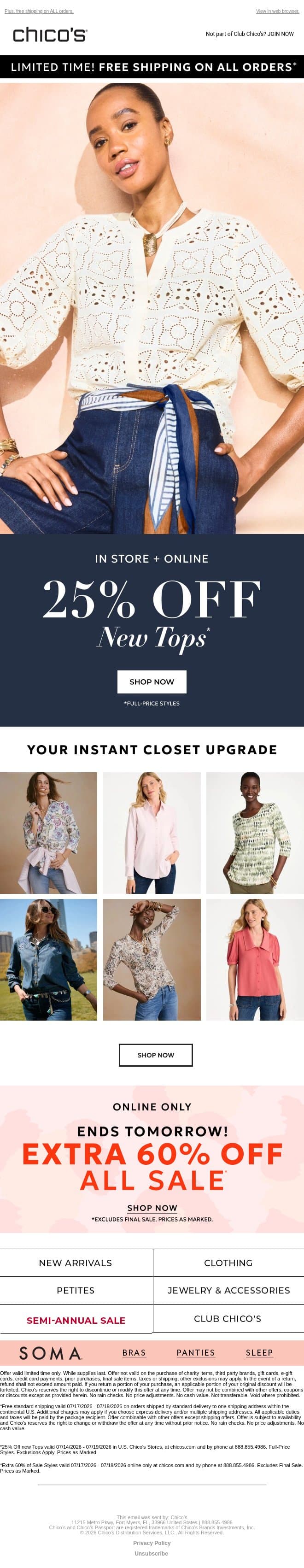 ENDS SOON! 25% off new tops + EXTRA 60% off sale email from Chico's screenshot