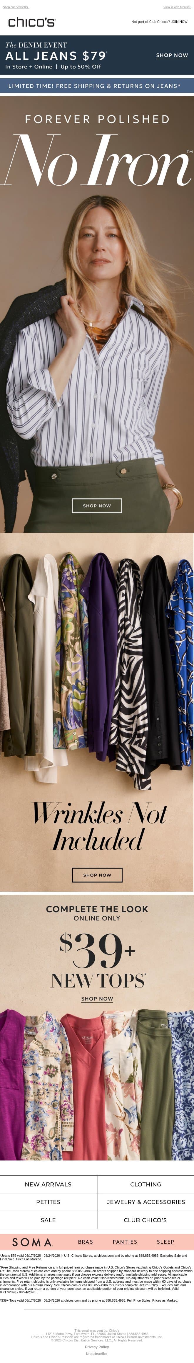 Our #1 No Iron™ shirt in new colors and prints + Denim Event email from Chico's screenshot
