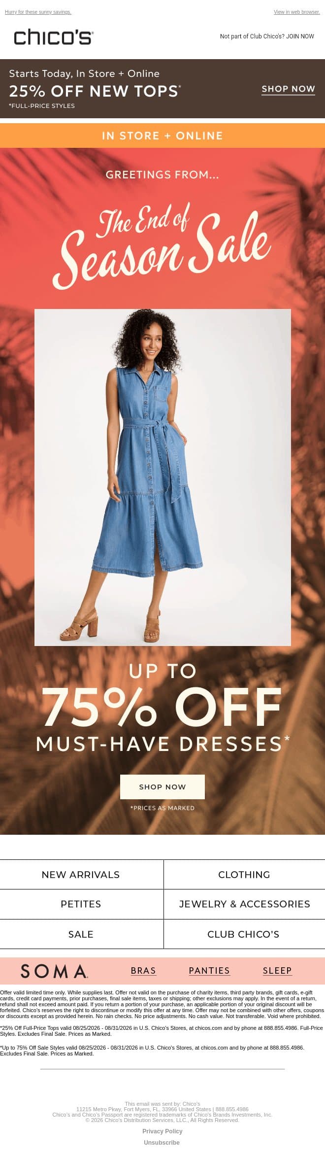Season's Last Call...Dresses Up to 75% Off email from Chico's screenshot