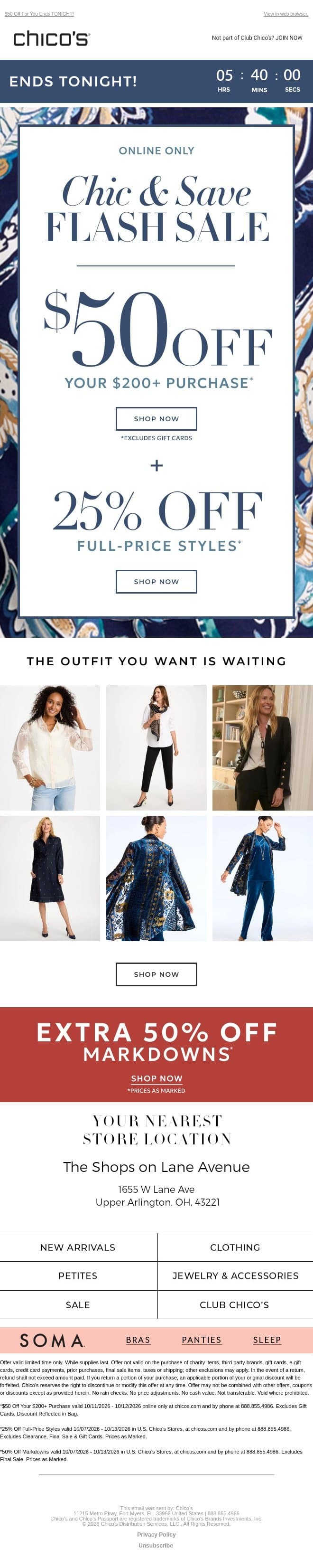 Time’s running out for $50 OFF + 25% OFF ⏰ email from Chico's screenshot