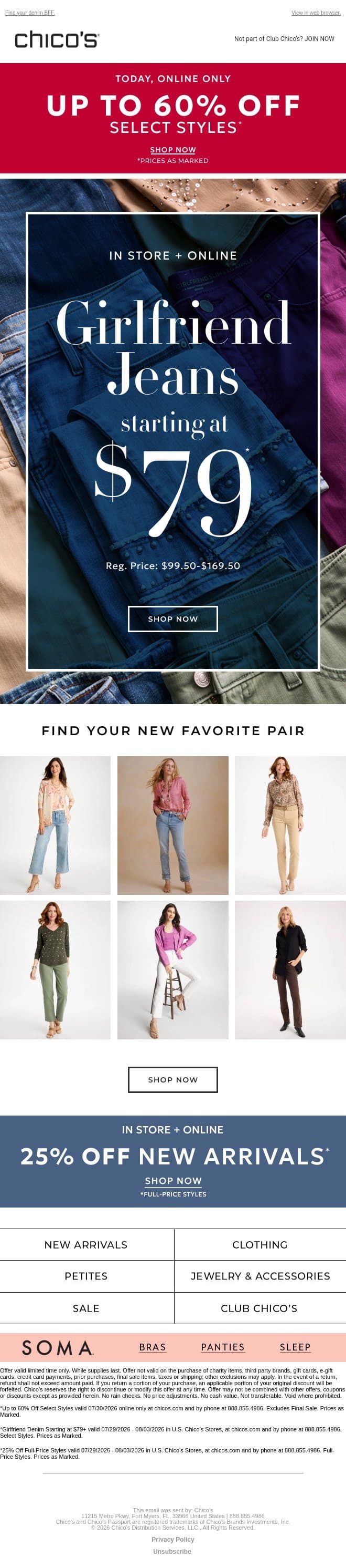 Hey Bestie! $79+ Girlfriend Jeans email from Chico's screenshot