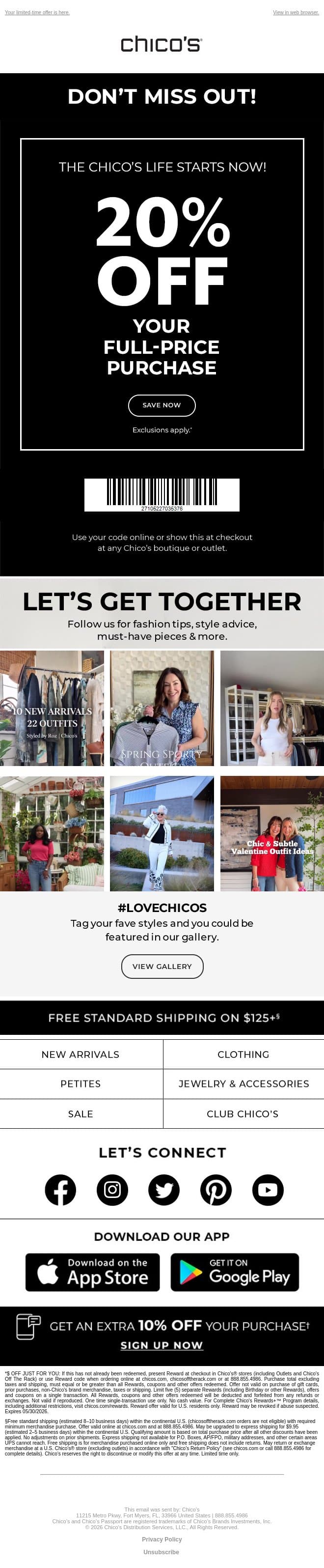 Stay connected to style + 20% off! Just for you email from Chico's screenshot