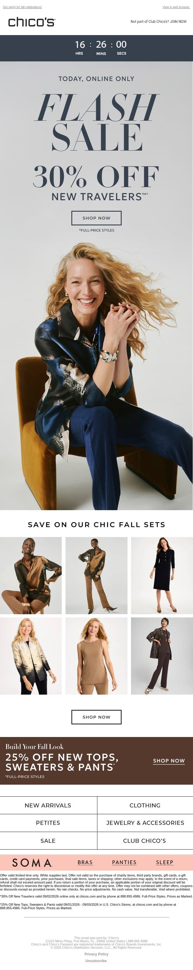 TODAY ONLY! 30% Off New Travelers™ Outfits email from Chico's screenshot