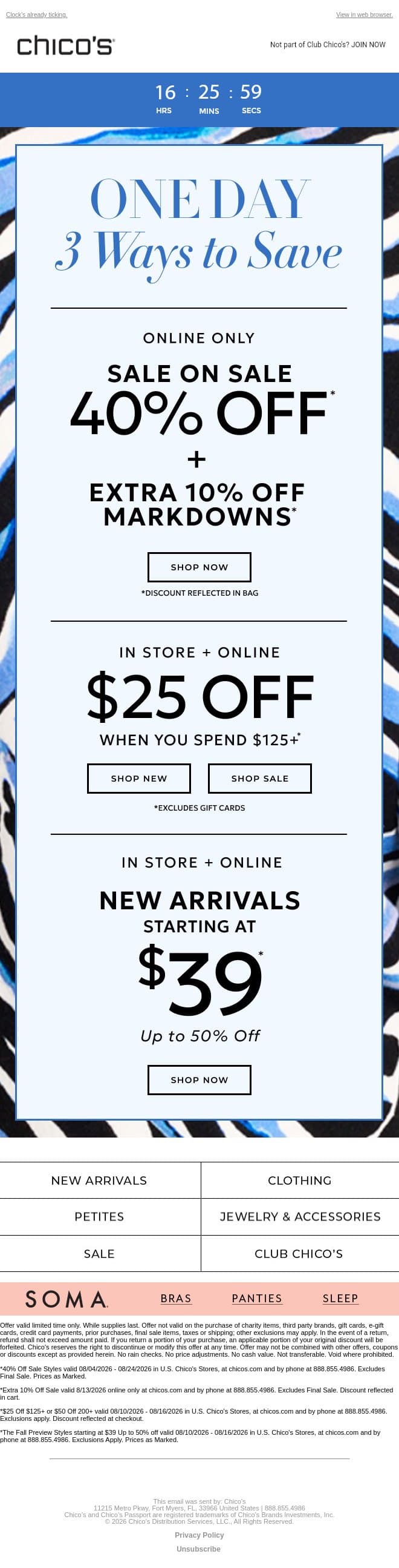 3 Deals Today: 40% + extra 10% off markdowns + more email from Chico's screenshot