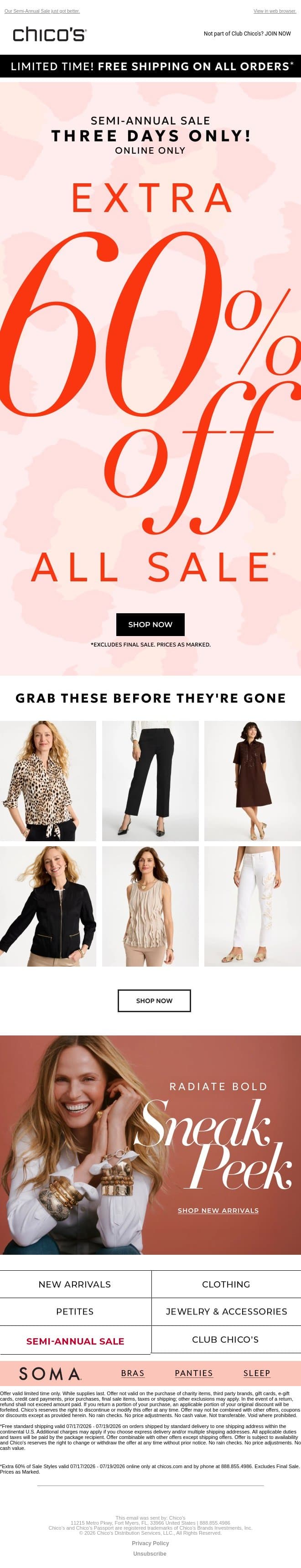 Limited time only! Extra 60% off ALL sale + free shipping email from Chico's screenshot
