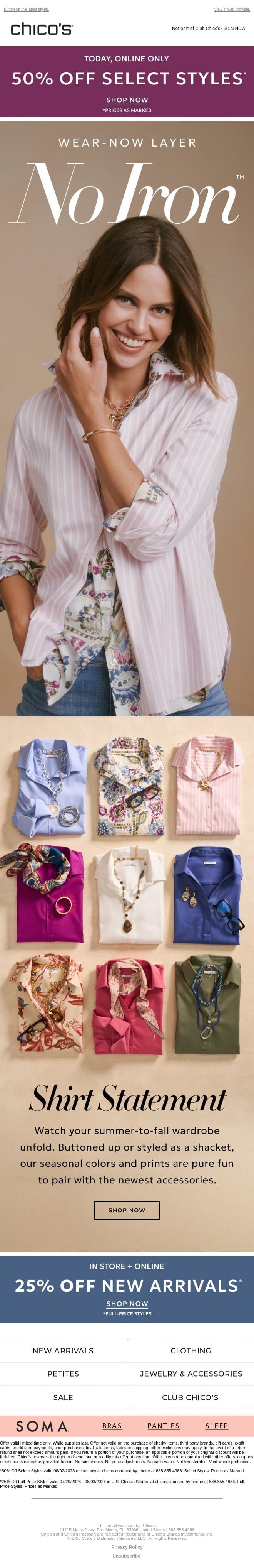 No Iron™ in wear-now color & print + 50% Off Select Styles email from Chico's screenshot