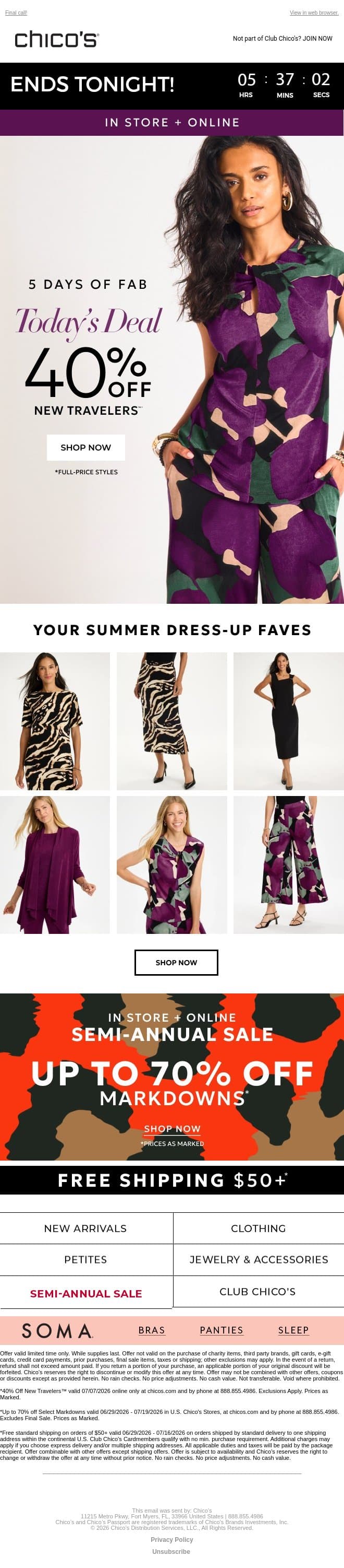 CLOCK’S TICKING! 🕛 40% off NEW Travelers™ email from Chico's screenshot