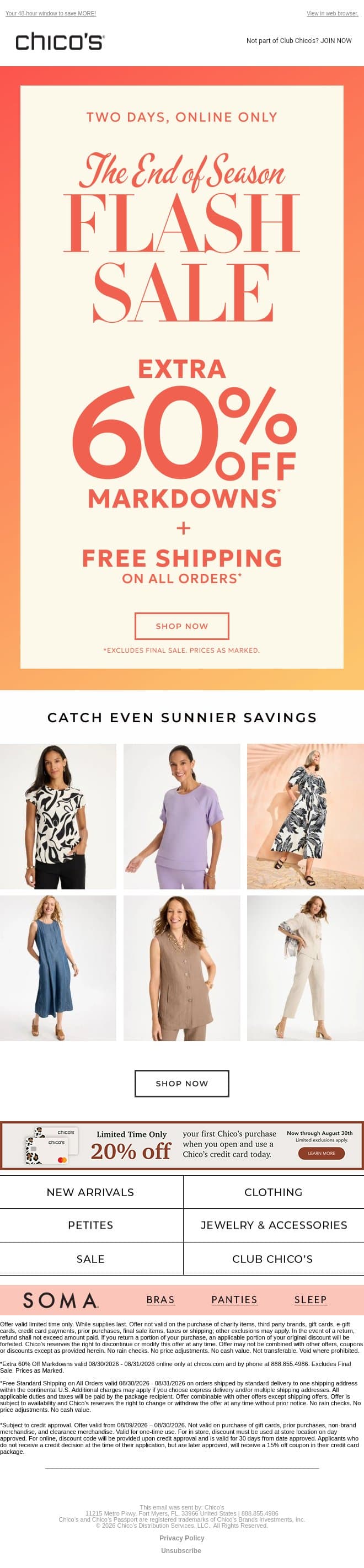 TWO DAYS ONLY! Extra 60% off markdowns + free shipping email from Chico's screenshot