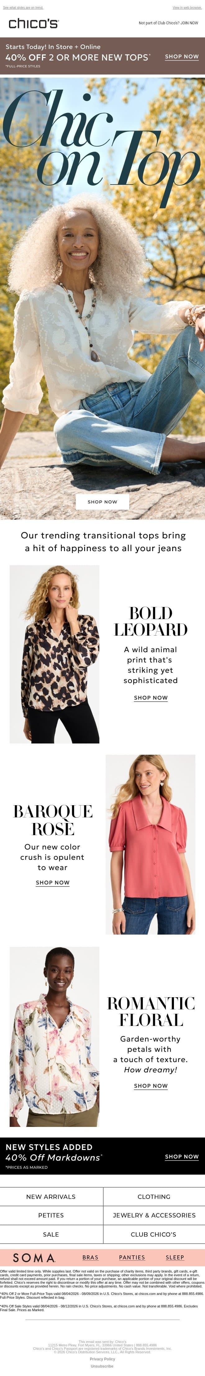 The Transitional Top Edit + 40% off 2 or more tops email from Chico's screenshot
