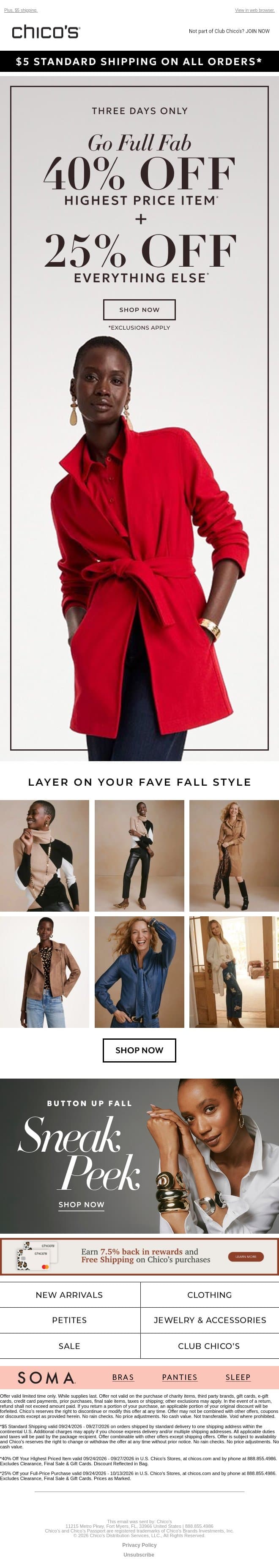 SHOP NOW: 40% off 1 + 25% off the rest email from Chico's screenshot