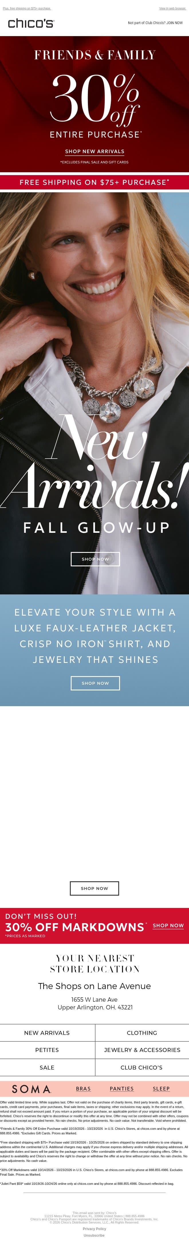 30% off + Luxe Leather, Shine & Crisp Whites email from Chico's screenshot