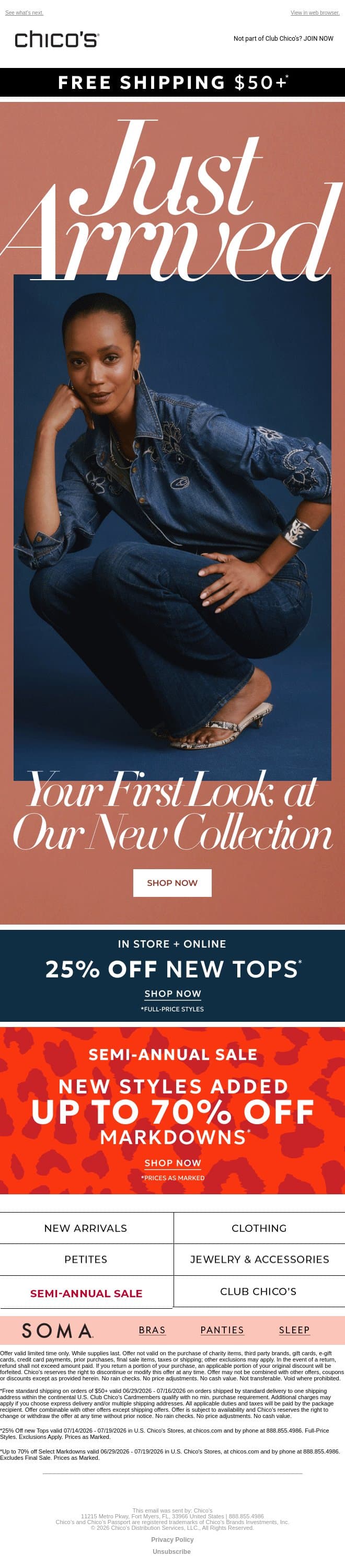 Almost August: A First Look + 25% Off New Tops email from Chico's screenshot