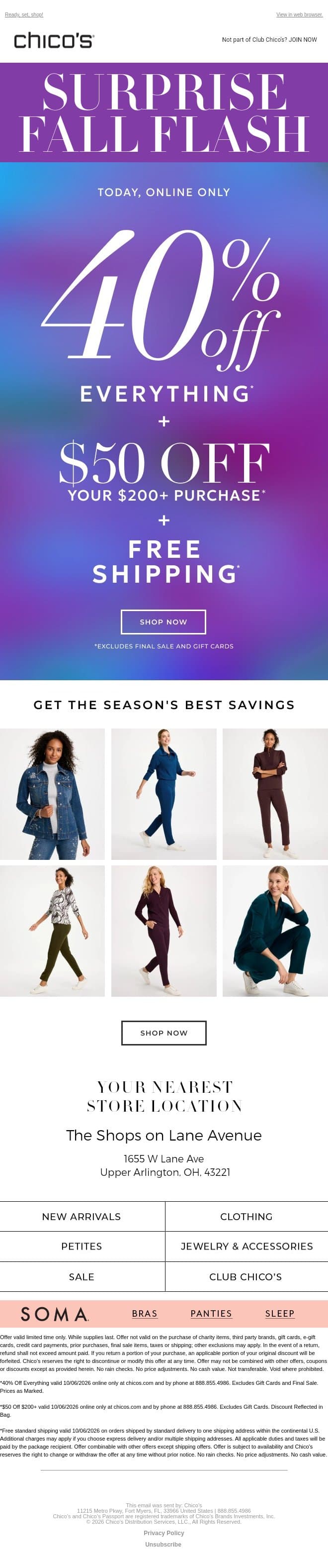 ‼️ TODAY ONLY ‼️ 40% off + $50 off + free shipping email from Chico's screenshot
