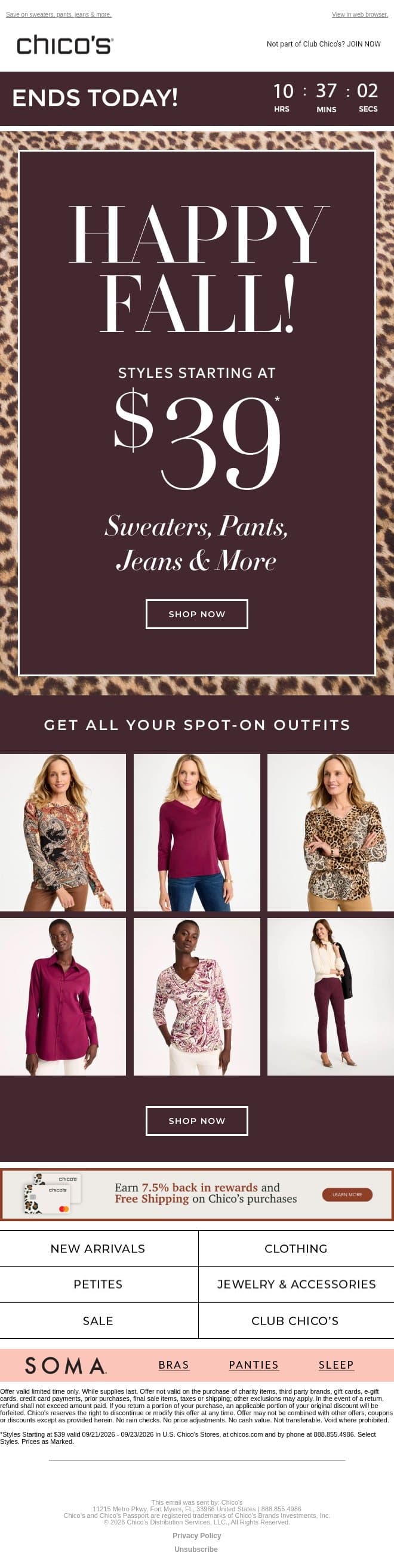 SPOTTED! $39+ styles ends today! email from Chico's screenshot