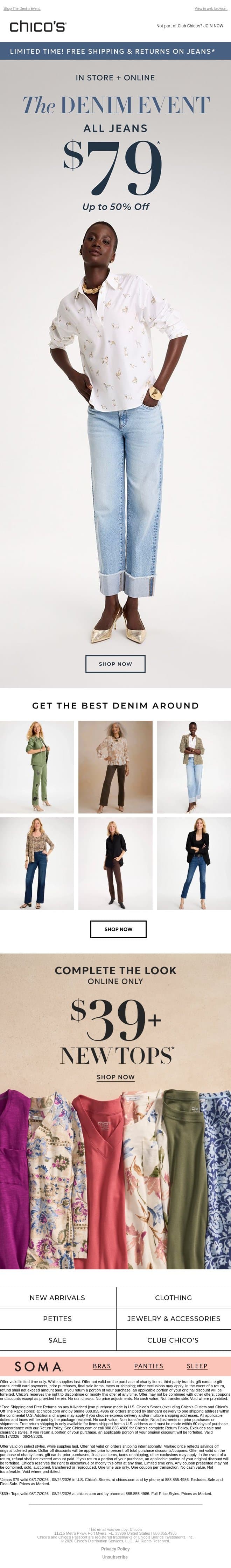 Denim From $79—Shop Now (Free Shipping Included) email from Chico's screenshot