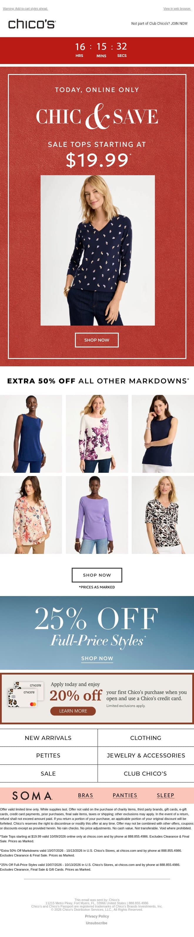 Today-Only Tops $19.99+?! Plus, an EXTRA 50% off markdowns 🎉 email from Chico's screenshot
