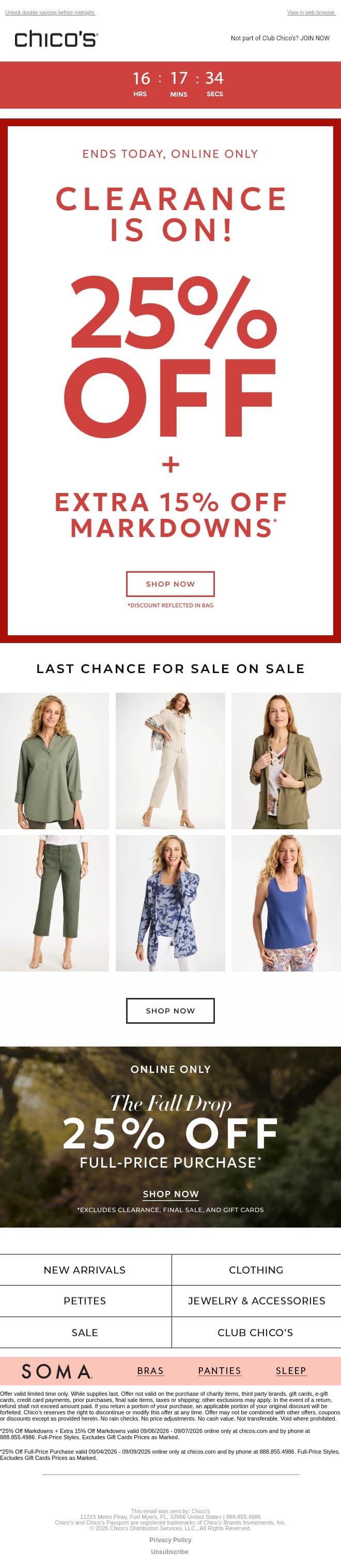 Maximize Your Markdowns: 25% + EXTRA 15% off ENDS TODAY email from Chico's screenshot