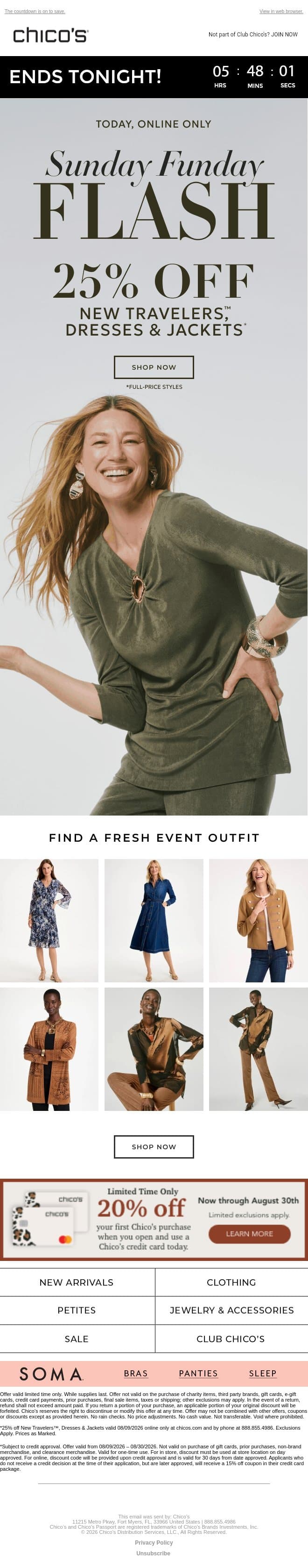 Almost Over! 25% off NEW Travelers™, Dresses & Jackets email from Chico's screenshot