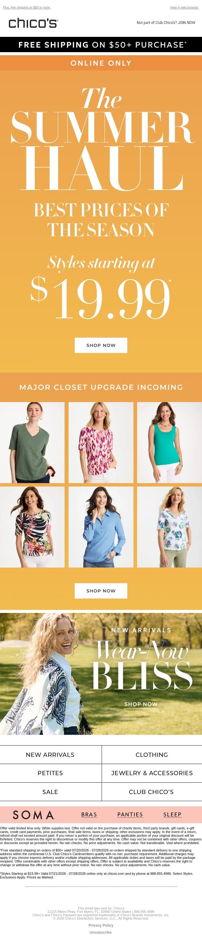 The online-only sale your closet needs ($19.99+) email from Chico's screenshot