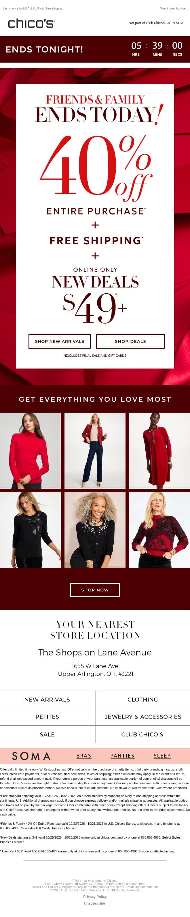 FINAL MOMENTS! 40% OFF + NEW DEALS email from Chico's screenshot