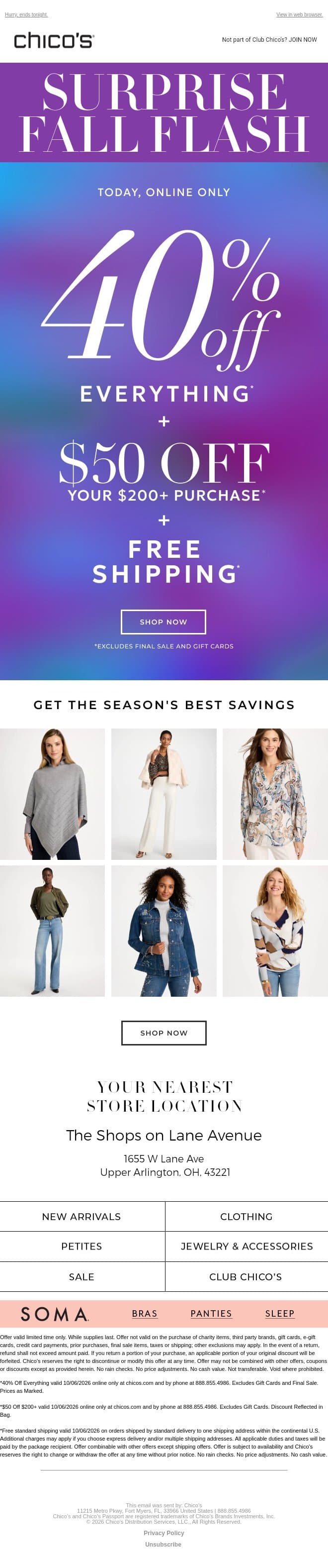 THIS IS IT! 40% OFF + $50 OFF + FREE SHIPPING email from Chico's screenshot