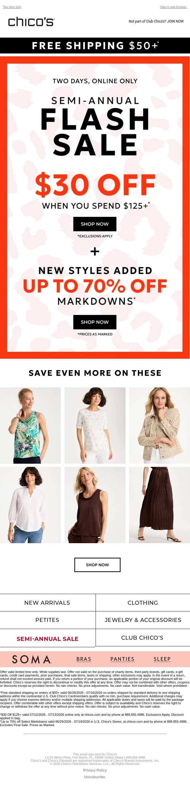 $30 off $125+* 🛍️ NEW Semi-Annual Sale styles (*excl. apply) email from Chico's screenshot