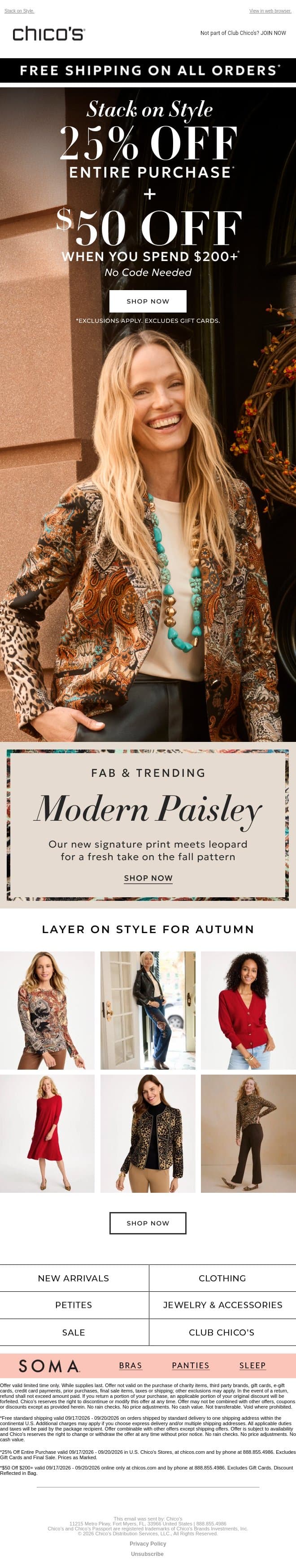 Starts Today! Up to $50 off + FREE shipping email from Chico's screenshot