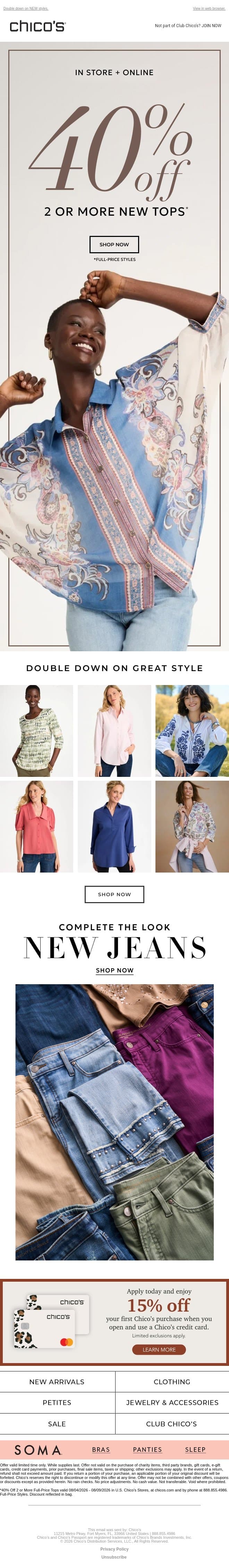 Can’t top this! 40% off 2+ 👚👚 email from Chico's screenshot