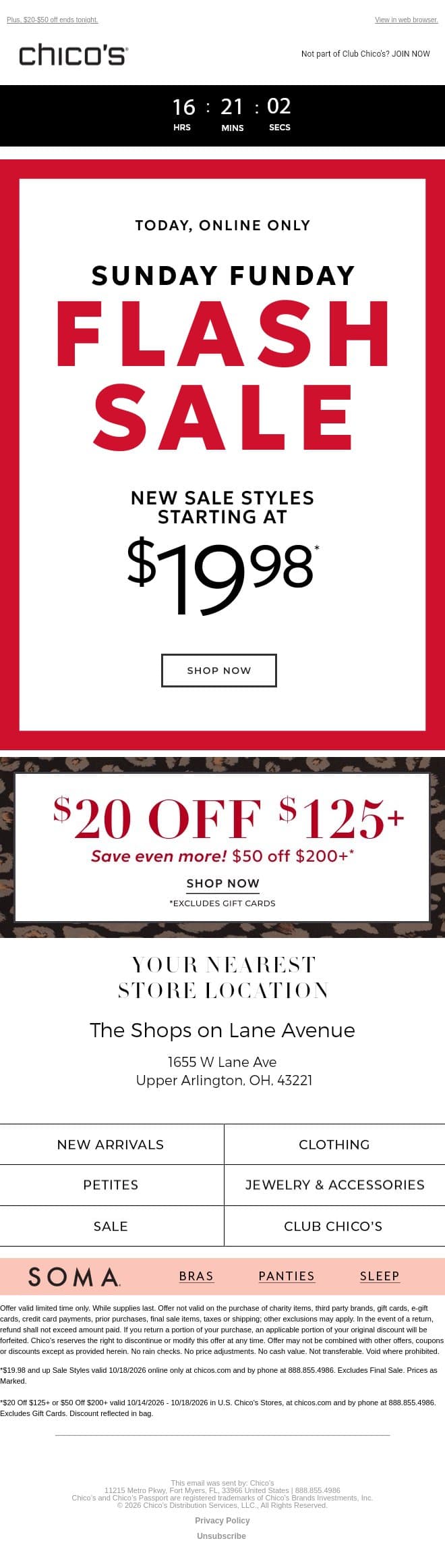 TODAY ONLY! $19.98+ NEW SALE STYLES email from Chico's screenshot