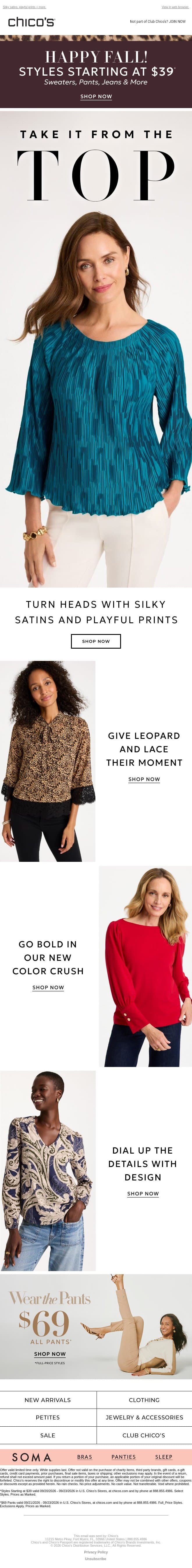 $39+ Styles Ends Today| New Tops, Bold Prints & Jewel Tones email from Chico's screenshot