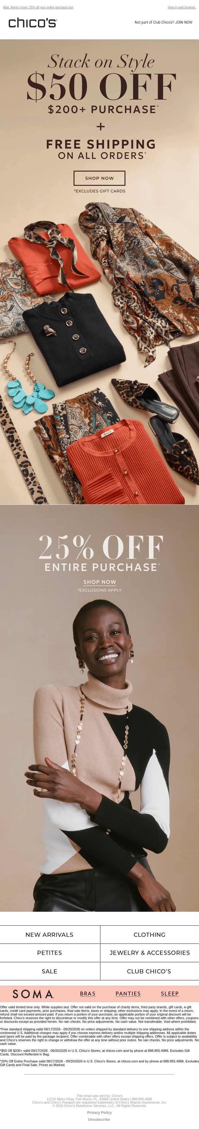 HAPPY FRIDAY! $50 Off + Free Shipping email from Chico's screenshot