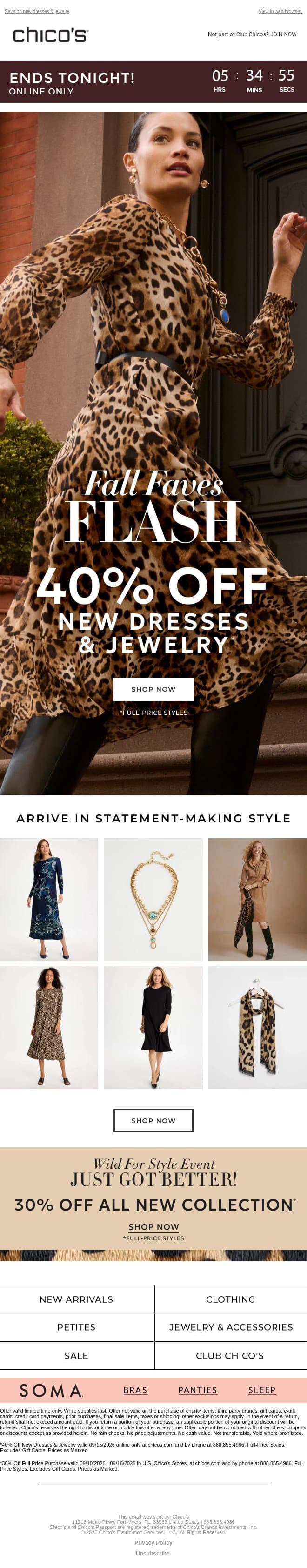ENDS TONIGHT! 40% off your next occasion look email from Chico's screenshot