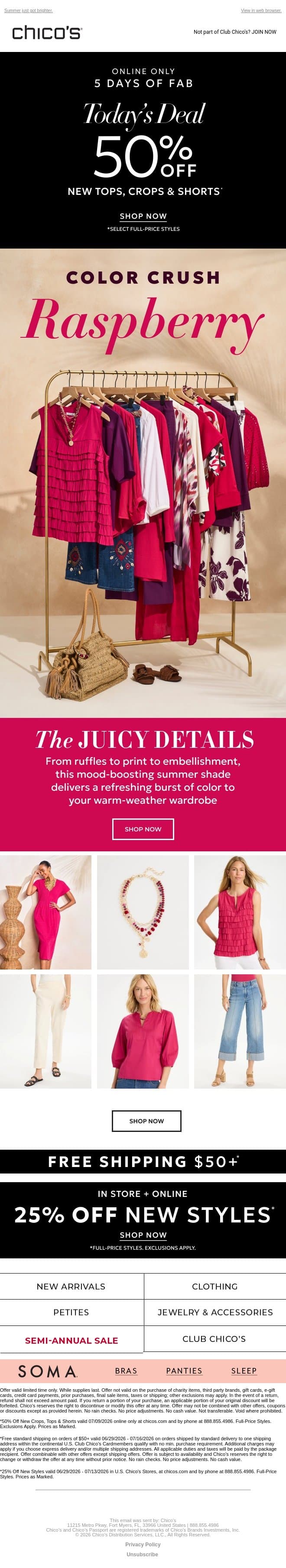 Freshly picked: The Raspberry Edit + 50% Off Deal Ends Tonight email from Chico's screenshot