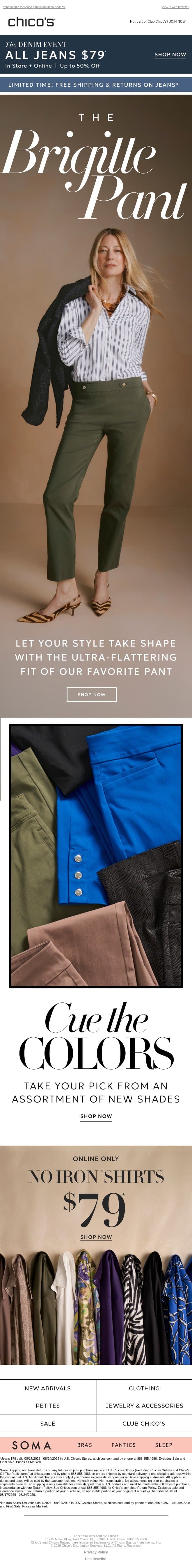Brigitte Fits Like It Knows You 💚 + $79 Denim Event email from Chico's screenshot