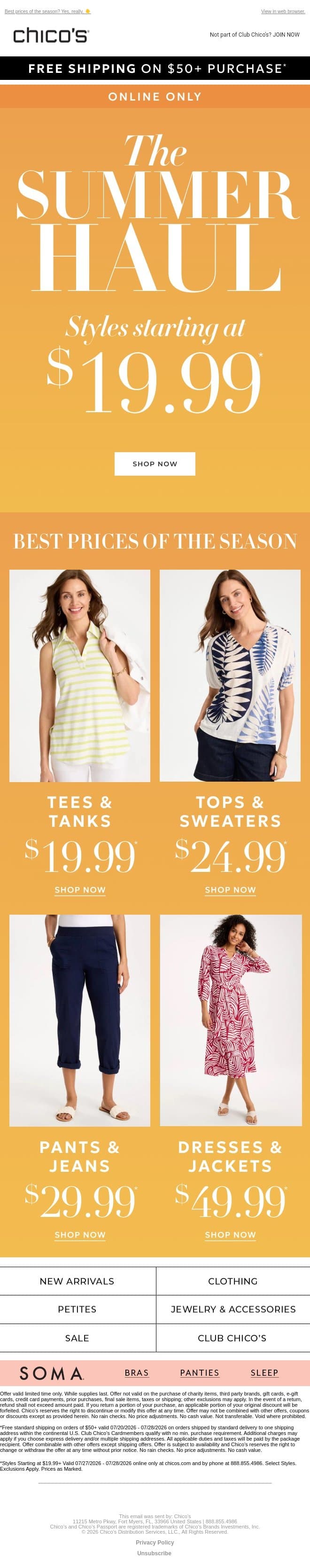 DIVE IN NOW: $19.99+ styles email from Chico's screenshot