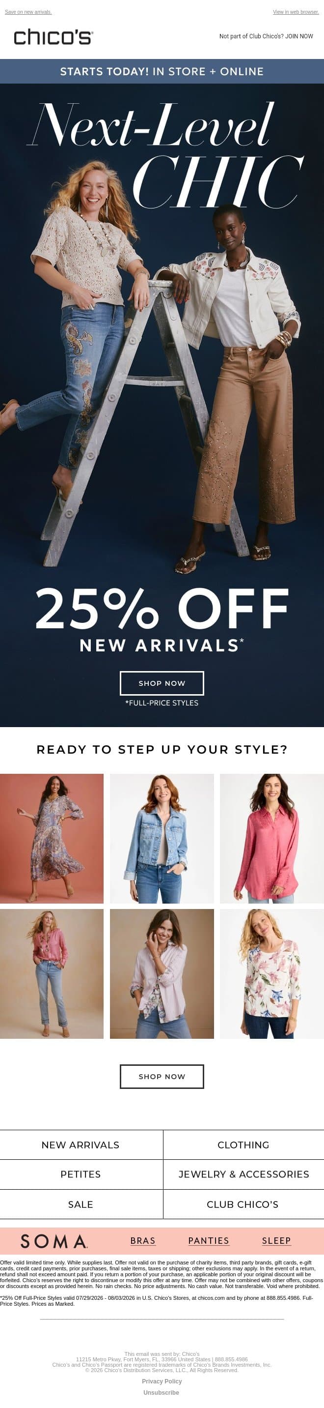 Next-Level Chic (25% Off) Starts Now email from Chico's screenshot