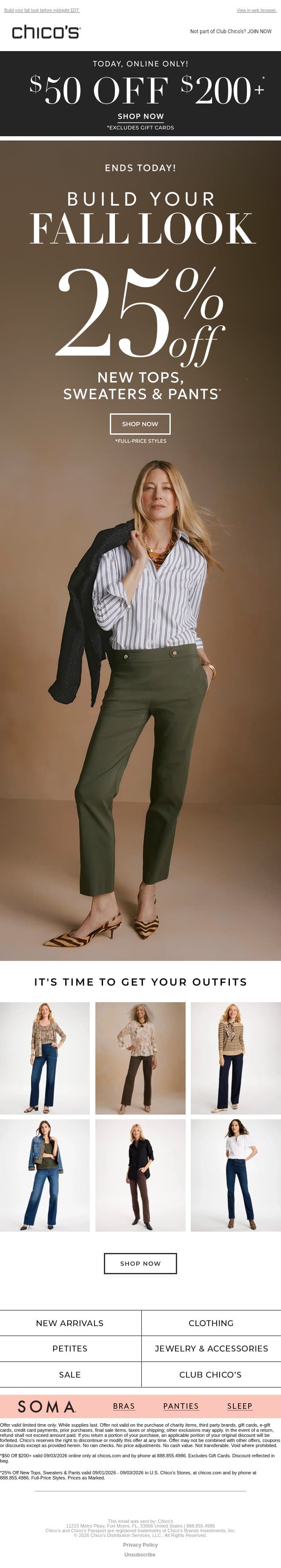 ENDS TONIGHT! 25% off and $50 off $200+ (excl. apply) email from Chico's screenshot
