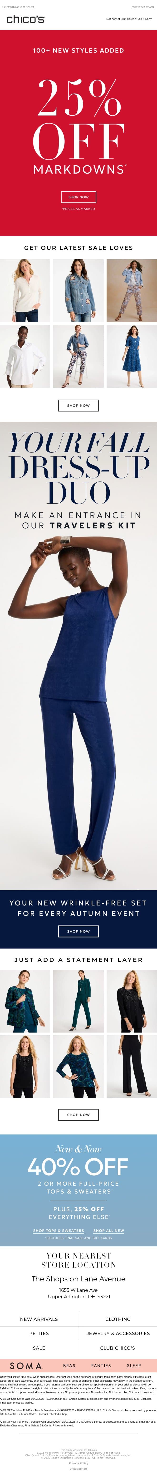 JUST dropped: 100+ new markdowns email from Chico's screenshot