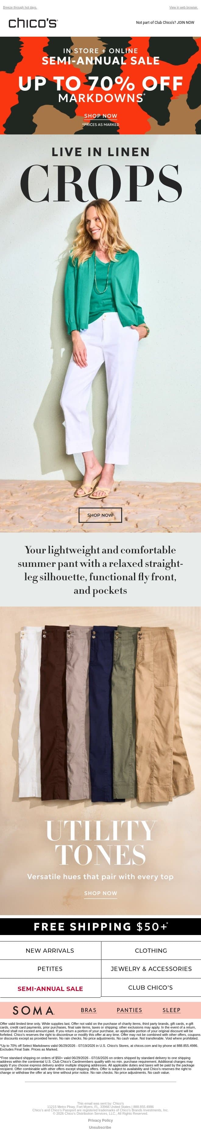 The linen crop you’ll wear all summer + up to 70% off email from Chico's screenshot