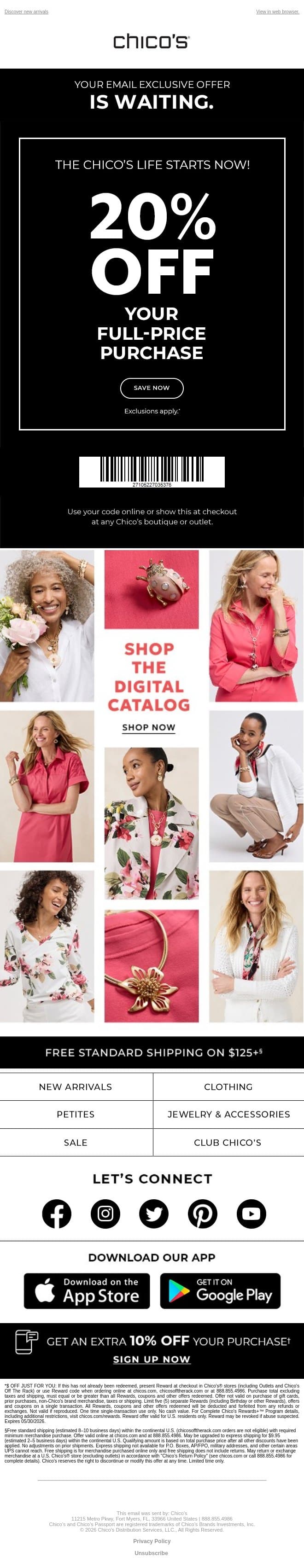 NEW Tops + 20% off happening now! email from Chico's screenshot
