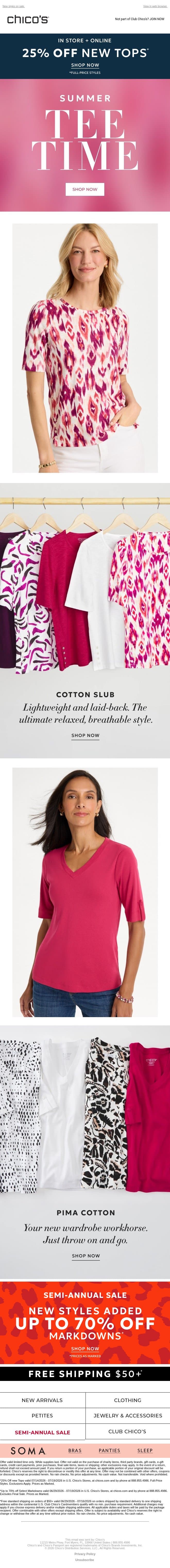 TEE UP for summer with 25% off 👚💗 email from Chico's screenshot