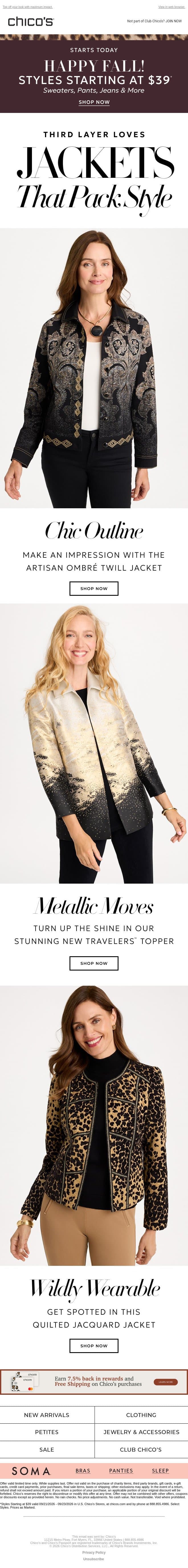 $39+ Styles | Discover Your Jacket Era email from Chico's screenshot